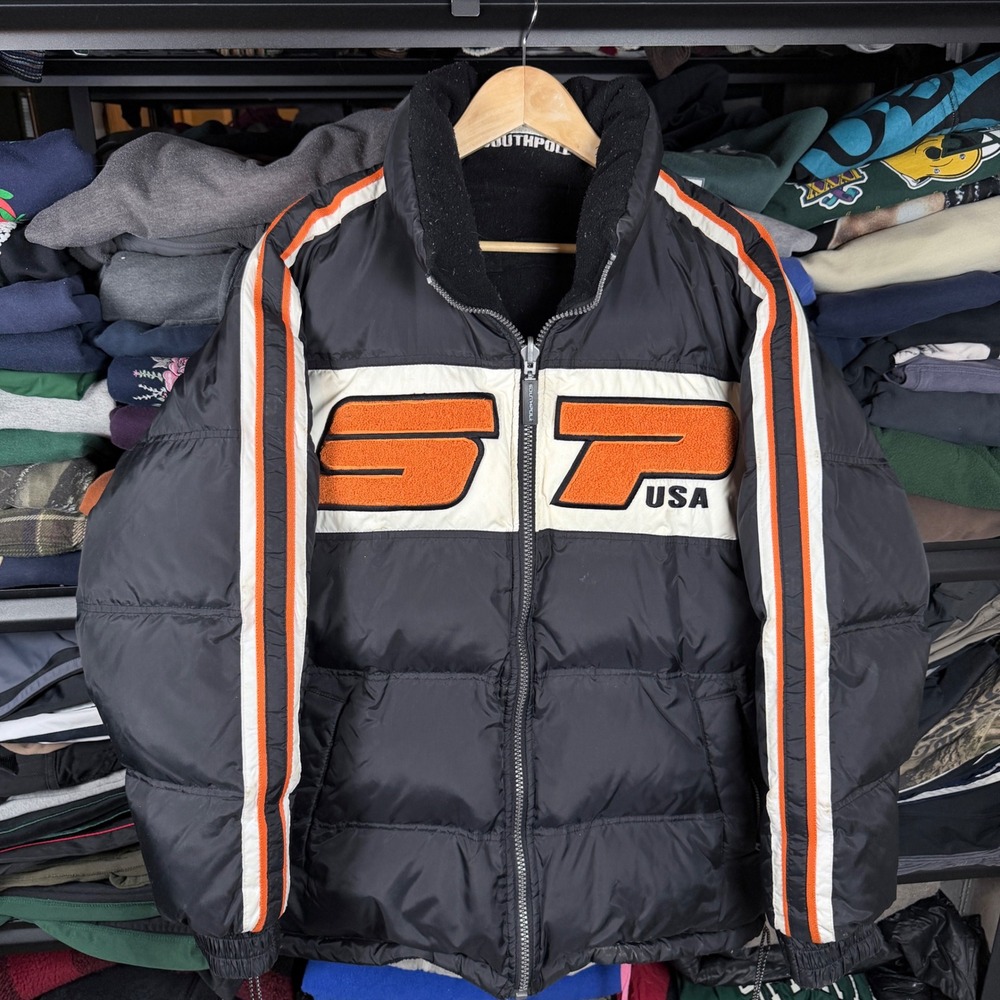 Vtg Southpole Vintage Reversible Down Puffer Jacket‎ Black Orange Mens Large Y2K